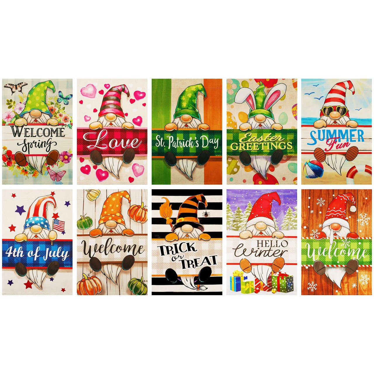 G128 Holiday Gnomes Set 10pc Garden Flag 12x18 In Double Sided All Season Yard Garden Lawn Decoration